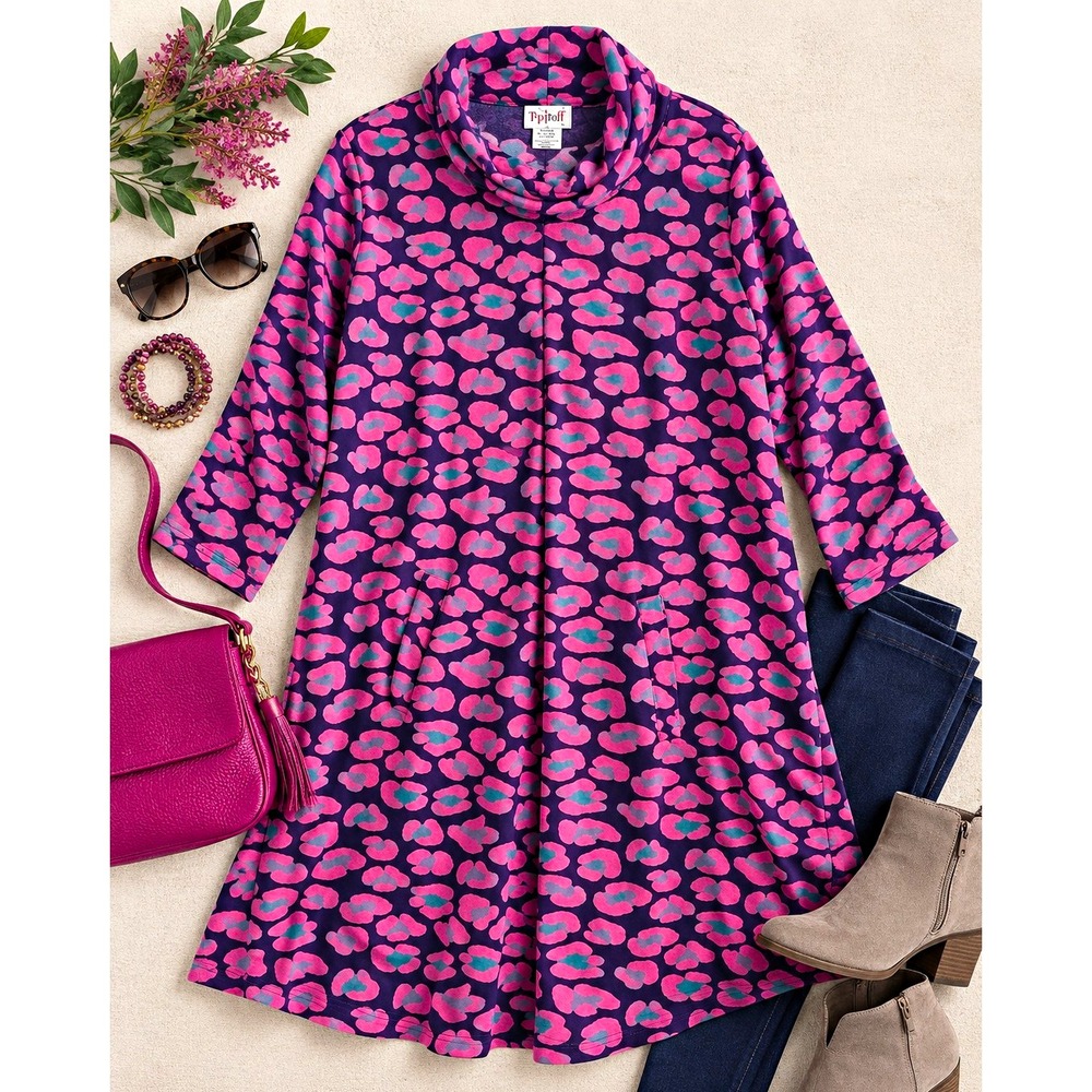Top It Off Tunic Dress Womens Large NWT Navy Pink Animal Print Cowl Neck Pockets